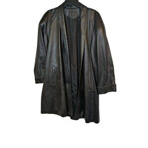 Black Leather Open-Front Jacket Coat Medium Made In USA 36" Length